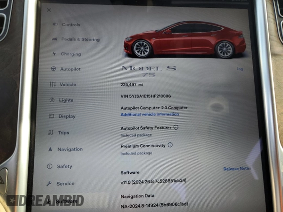 2017 Tesla Model S 60 with VIN 5YJSA1E15HF210006, listed as a Copart auction lot 85096644 with 225,497 mi miles and Salvage title. Bid and sale history available at DreamBid. Image 9.