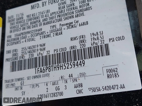 2017 Ford Mustang EcoBoost with VIN 1FA6P8TH9H5259449, listed as a IAAI auction lot 41820818 with 1 mi miles. Bid and sale history available at carsss.com. Image 9.
