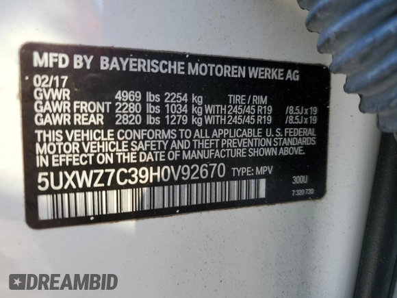 2017 BMW X3 sDrive28i with VIN 5UXWZ7C39H0V92670, listed as a Copart auction lot 86140754 with 107,846 mi miles and Salvage Title. Bid and sale history available at carsss.com. Image 14.