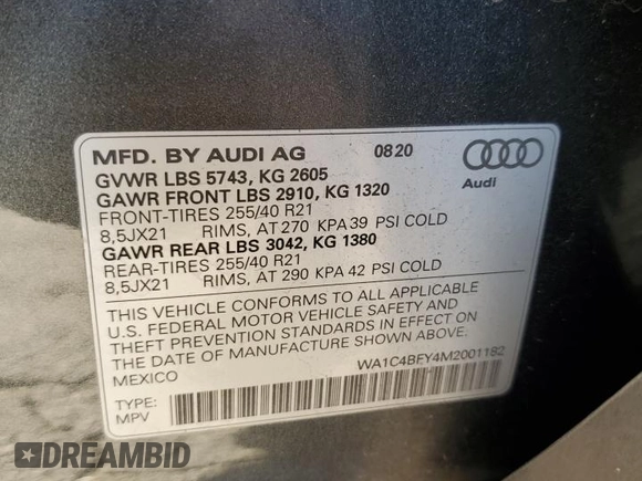 2021 Audi SQ5 with VIN WA1C4BFY4M2001182, listed as a Copart auction lot 86241244 with 36,604 mi miles and Salvage Title. Bid and sale history available at DreamBid. Image 13.