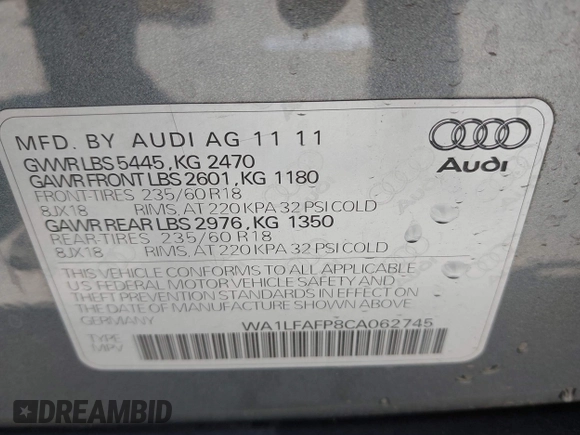 2012 Audi Q5 Premium Plus z VIN WA1LFAFP8CA062745, wystawiony jako IAAI lot #42409442 z przebiegiem 140 159 mil mil oraz . Historia ofert i sprzedaży dostępna na DreamBid. Obrazek 9.