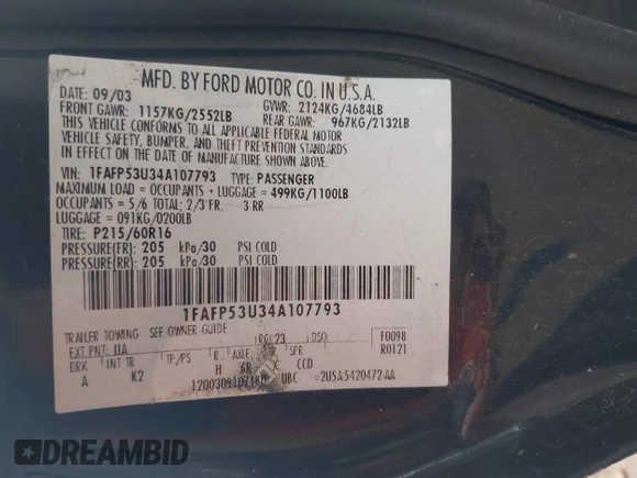2004 Ford Taurus SE with VIN 1FAFP53U34A107793, listed as a IAAI auction lot 42190553 with 195,459 mi miles and . Bid and sale history available at DreamBid. Image 9.