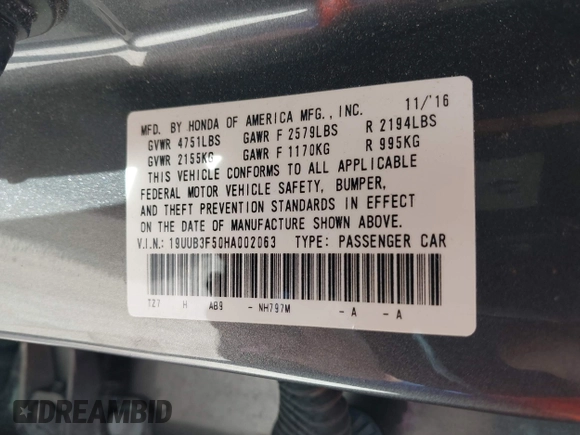 2017 Acura TLX V6 w/Technology Pkg with VIN 19UUB3F50HA002063, listed as a IAAI auction lot 42018756 with 62,564 mi miles. Bid and sale history available at carsss.com. Image 9.