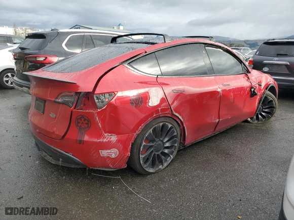 2023 Tesla Model Y Performance with VIN 7SAYGDEF7PF796845, listed as a Copart auction lot 44428595 with 47,820 mi miles and Salvage Title. Bid and sale history available at carsss.com. Image 3.