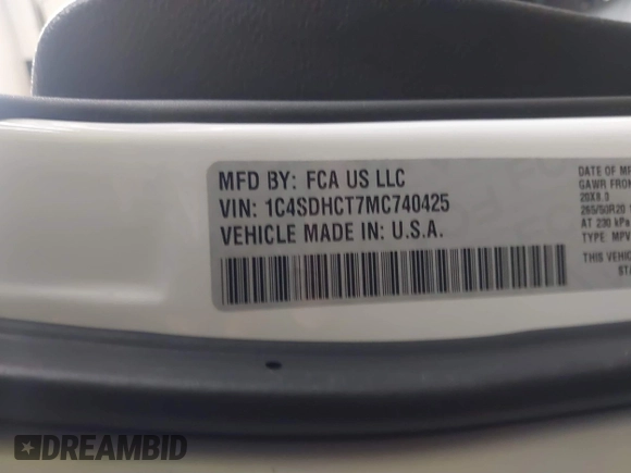 2021 Dodge Durango R/T with VIN 1C4SDHCT7MC740425, listed as a IAAI auction lot 40825938 with 43,173 mi miles and . Bid and sale history available at DreamBid. Image 9.