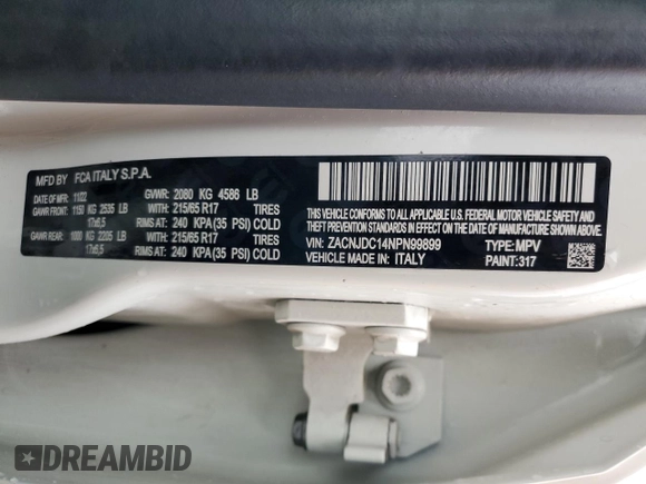 2022 Jeep Renegade Trailhawk with VIN ZACNJDC14NPN99899, listed as a Copart auction lot 86377004 with 51,000 mi miles and Clean Title. Bid and sale history available at DreamBid. Image 13.