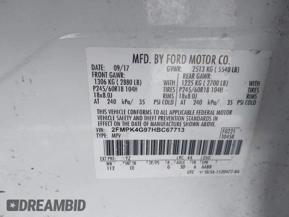 2017 Ford Edge SE with VIN 2FMPK4G97HBC67713, listed as a IAAI auction lot 41874721 with 135,000 mi miles and . Bid and sale history available at DreamBid. Image 9.
