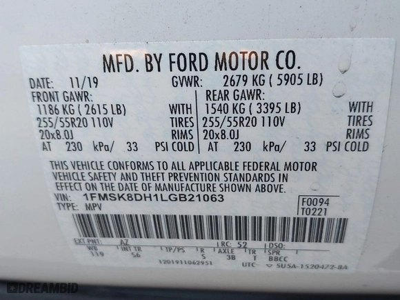 2020 Ford Explorer XLT with VIN 1FMSK8DH1LGB21063, listed as a IAAI auction lot 40560162 with 1 mi miles. Bid and sale history available at carsss.com. Image 9.