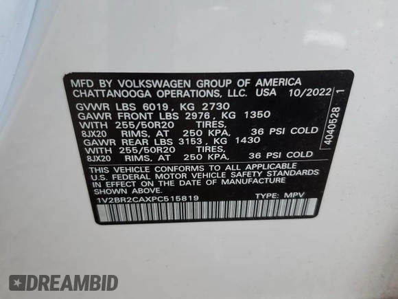 2023 Volkswagen Atlas SEL with VIN 1V2BR2CAXPC515819, listed as a Copart auction lot 50666225 with 43,872 mi miles and Salvage title. Bid and sale history available at DreamBid. Image 15.