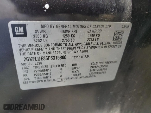 2015 GMC Terrain Denali with VIN 2GKFLUE36F6315806, listed as a Copart auction lot 77350774 with 122,042 mi miles and Salvage Title. Bid and sale history available at DreamBid. Image 14.