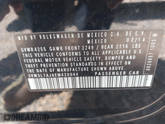 2014 Volkswagen Jetta TDI w/Premium with VIN 3VW3L7AJ6EM420044, listed as a IAAI auction lot 42569620 with 143,482 mi miles and . Bid and sale history available at DreamBid. Image 9.