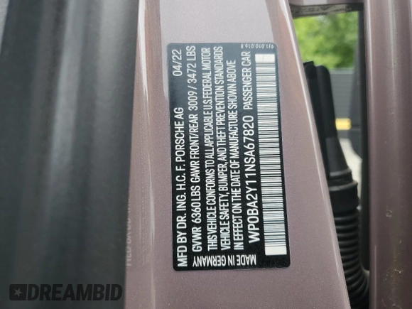2022 Porsche Taycan 4 with VIN WP0BA2Y11NSA67820, listed as a Copart auction lot 58346275 with 45,976 mi miles and Salvage title. Bid and sale history available at DreamBid. Image 12.