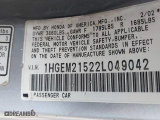 2002 Honda Civic LX with VIN 1HGEM21522L049042, listed as a IAAI auction lot 42077437 with 189,393 mi miles. Bid and sale history available at carsss.com. Image 9.