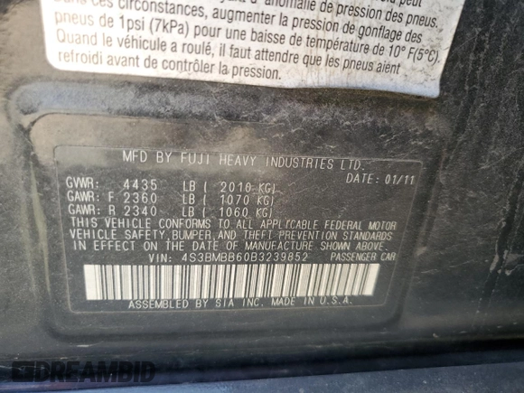 2011 Subaru Legacy Prem with VIN 4S3BMBB60B3239852, listed as a Copart auction lot 55136885 with 189,679 mi miles and Salvage title. Bid and sale history available at DreamBid. Image 12.