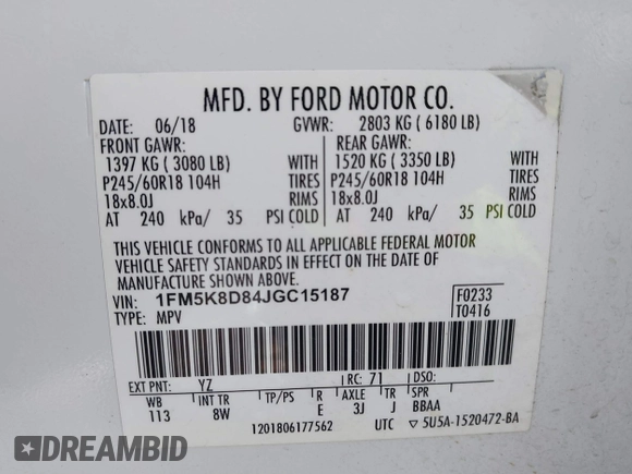 2018 Ford Explorer XLT with VIN 1FM5K8D84JGC15187, listed as a IAAI auction lot 41500359 with 100,936 mi miles and . Bid and sale history available at carsss.com. Image 9.