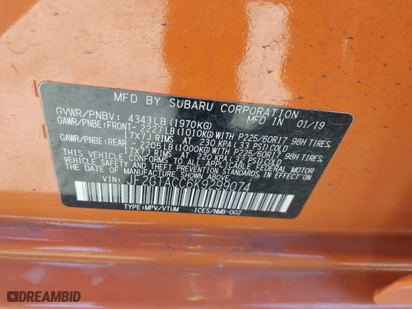 2019 Subaru Crosstrek Premium with VIN JF2GTACC6K9299074, listed as a IAAI auction lot 41292090 with 57,927 mi miles. Bid and sale history available at carsss.com. Image 9.