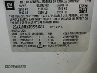 2016 GMC Terrain SLE with VIN 2GKALMEK7G6251391, listed as a Copart auction lot 49029405 with 191,347 mi miles and Salvage Title. Bid and sale history available at carsss.com. Image 14.