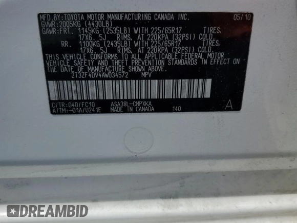 2010 Toyota RAV4 with VIN 2T3ZF4DV4AW034572, listed as a Copart auction lot 61309965 with Not provided miles and Salvage title. Bid and sale history available at DreamBid. Image 13.
