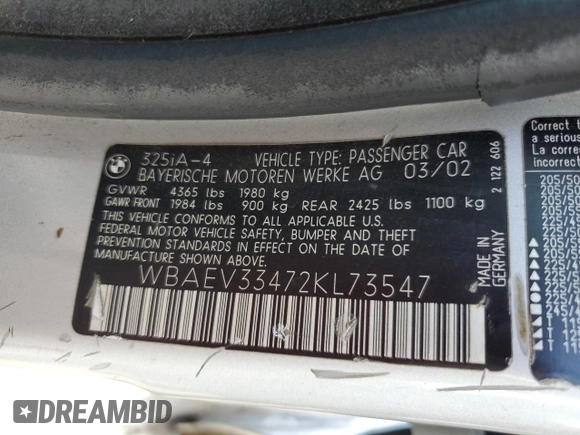 2002 BMW 3 Series 325i with VIN WBAEV33472KL73547, listed as a Copart auction lot 57667895 with 350,318 mi miles and Salvage title. Bid and sale history available at DreamBid. Image 12.