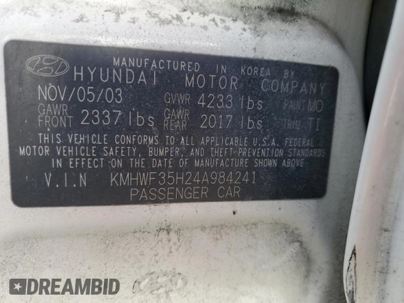 2004 Hyundai Sonata GLS with VIN KMHWF35H24A984241, listed as a Copart auction lot 75917844 with 151,770 mi miles and Clean Title. Bid and sale history available at carsss.com. Image 12.