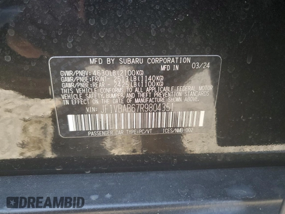 2024 Subaru WRX with VIN JF1VBAB67R9804351, listed as a Copart auction lot 49258745 with 7,007 mi miles and Salvage title. Bid and sale history available at DreamBid. Image 12.