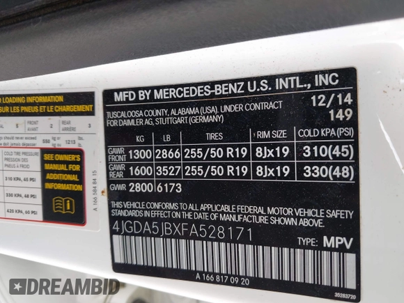 2015 Mercedes-Benz M 350 with VIN 4JGDA5JBXFA528171, listed as a IAAI auction lot 41931784 with 92,163 mi miles and . Bid and sale history available at DreamBid. Image 9.