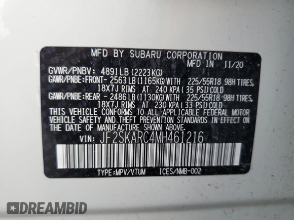 2021 Subaru Forester Special Sports with VIN JF2SKARC4MH461216, listed as a Copart auction lot 60692705 with 60,769 mi miles and Salvage title. Bid and sale history available at DreamBid. Image 13.
