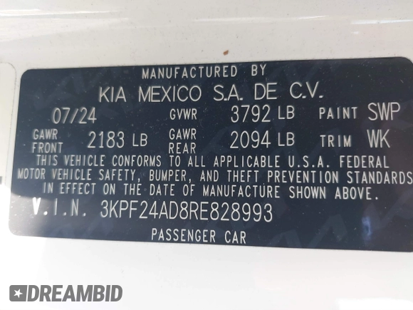 2024 Kia Forte LXS with VIN 3KPF24AD8RE828993, listed as a IAAI auction lot 41842873 with 10,053 mi miles. Bid and sale history available at carsss.com. Image 9.