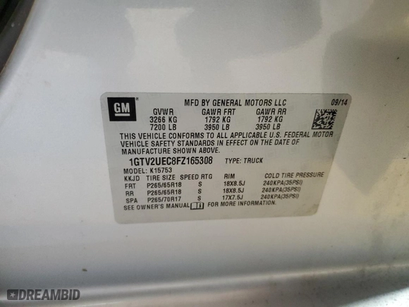 2015 GMC Sierra 1500 SLE with VIN 1GTV2UEC8FZ165308, listed as a Copart auction lot 49889255 with 0 mi miles and Salvage Title. Bid and sale history available at carsss.com. Image 14.