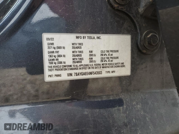 2022 Tesla Model Y Long Range z VIN 7SAYGAEE4NF543503, wystawiony jako Copart lot #47143155 z przebiegiem 53 874 mil mil oraz Szkody całkowita. Historia ofert i sprzedaży dostępna na DreamBid. Obrazek 13.