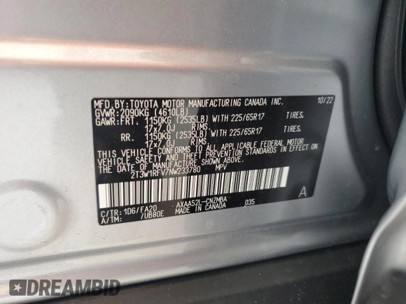 2022 Toyota RAV4 XLE with VIN 2T3W1RFV7NW233780, listed as a Copart auction lot 55099615 with 28,819 mi miles and Non repairable. Bid and sale history available at DreamBid. Image 13.