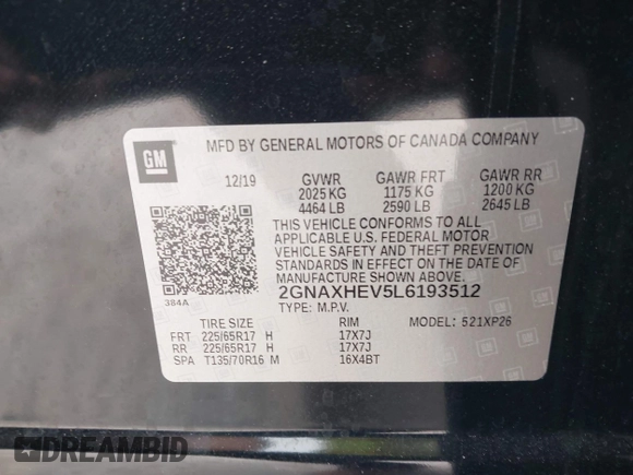 2020 Chevrolet Equinox LS with VIN 2GNAXHEV5L6193512, listed as a IAAI auction lot 41905209 with 56,473 mi miles. Bid and sale history available at carsss.com. Image 9.