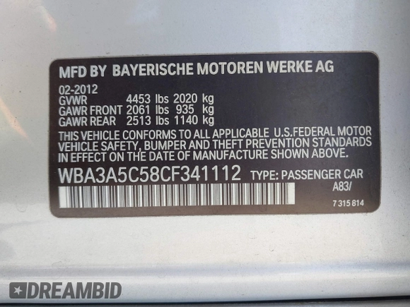2012 BMW 3 Series 328i with VIN WBA3A5C58CF341112, listed as a IAAI auction lot 42200814 with 83,775 mi miles and . Bid and sale history available at DreamBid. Image 9.