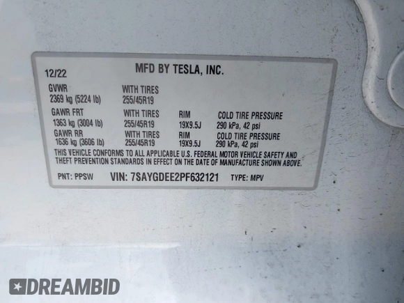 2023 Tesla Model Y Long Range with VIN 7SAYGDEE2PF632121, listed as a IAAI auction lot 41798780 with 53,773 mi miles. Bid and sale history available at carsss.com. Image 9.
