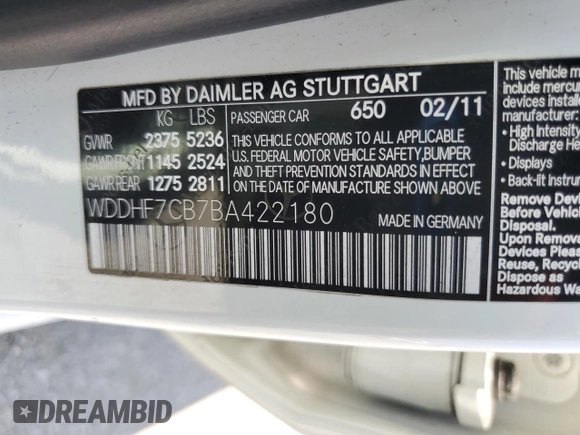 2011 Mercedes-Benz E 550 Luxury with VIN WDDHF7CB7BA422180, listed as a Copart auction lot 60174975 with 104,521 mi miles and Salvage title. Bid and sale history available at DreamBid. Image 12.