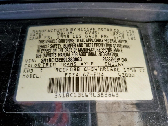 2009 Nissan Versa SL with VIN 3N1BC13E69L383863, listed as a Copart auction lot 59166235 with 138,630 mi miles and Salvage title. Bid and sale history available at DreamBid. Image 13.