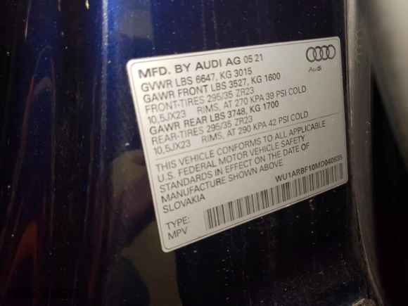 2021 Audi RS Q8 with VIN WU1ARBF10MD040635, listed as a Copart auction lot 50248835 with 62,526 mi miles and Salvage Title. Bid and sale history available at carsss.com. Image 13.