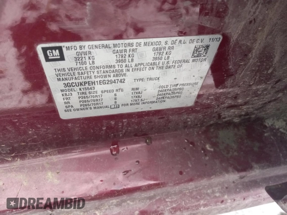 2014 Chevrolet Silverado 1500 Work Truck with VIN 3GCUKPEH1EG294742, listed as a Copart auction lot 75556434 with 201,890 mi miles and Salvage Title. Bid and sale history available at DreamBid. Image 12.