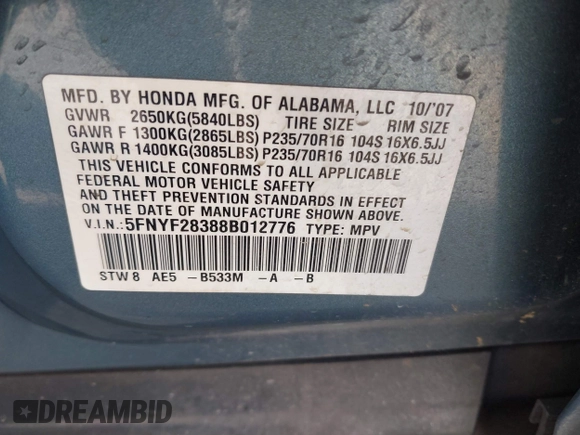 2008 Honda Pilot SE z VIN 5FNYF28388B012776, wystawiony jako IAAI lot #41686609 z przebiegiem 271 110 mil mil oraz . Historia ofert i sprzedaży dostępna na DreamBid. Obrazek 9.
