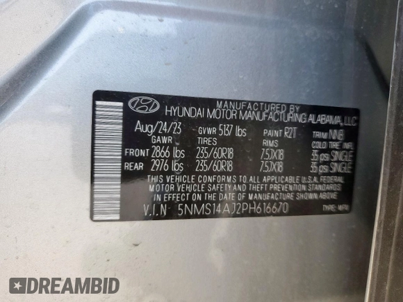 2023 Hyundai Santa Fe SE with VIN 5NMS14AJ2PH616670, listed as a Copart auction lot 62967265 with 24,469 mi miles and Clean title. Bid and sale history available at DreamBid. Image 13.