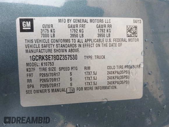 2013 Chevrolet Silverado 1500 LT with VIN 1GCRKSE78DZ357530, listed as a IAAI auction lot 40947097 with 125,184 mi miles and . Bid and sale history available at DreamBid. Image 9.