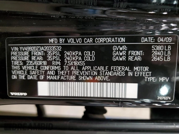2010 Volvo XC60 3.0T z VIN YV4992DZ3A2033532, wystawiony jako Copart lot #50054555 z przebiegiem 166 061 mil mil oraz Szkoda całkowita • Salvage title. Historia ofert i sprzedaży dostępna na DreamBid. Obrazek 13.
