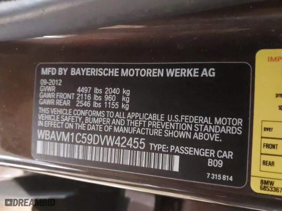 2013 BMW X1 28i with VIN WBAVM1C59DVW42455, listed as a IAAI auction lot 41627137 with 170,120 mi miles. Bid and sale history available at carsss.com. Image 9.