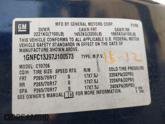 2007 Chevrolet Tahoe LT z VIN 1GNFC13J97J100573, wystawiony jako IAAI lot #42450311 z przebiegiem 234 099 mil mil oraz . Historia ofert i sprzedaży dostępna na DreamBid. Obrazek 9.