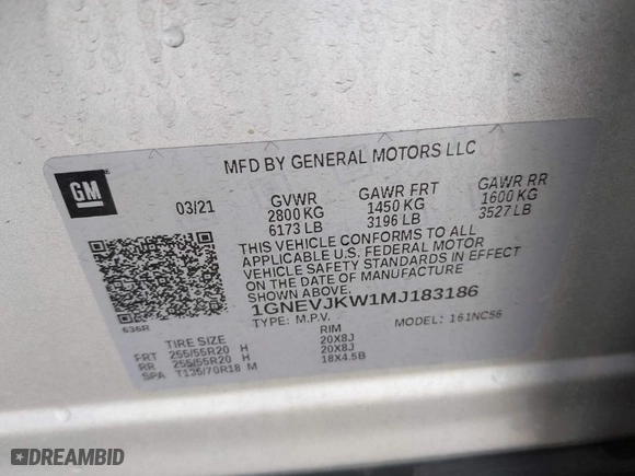 2021 Chevrolet Traverse RS with VIN 1GNEVJKW1MJ183186, listed as a IAAI auction lot 41690421 with 39,424 mi miles. Bid and sale history available at carsss.com. Image 9.