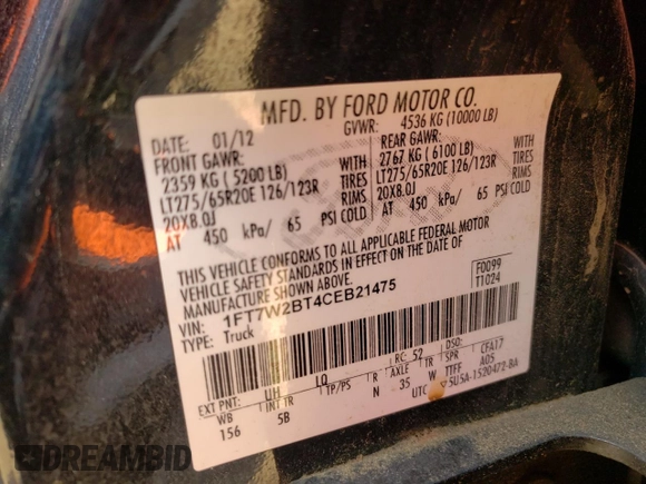 2012 Ford F-250 XL z VIN 1FT7W2BT4CEB21475, wystawiony jako Copart lot #55452145 z przebiegiem 262 087 mil mil oraz Szkoda całkowita • Salvage title. Historia ofert i sprzedaży dostępna na DreamBid. Obrazek 12.