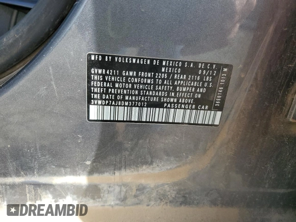 2013 Volkswagen Jetta SE z VIN 3VWDP7AJ8DM377012, wystawiony jako Copart lot #61083685 z przebiegiem 180 787 mil mil oraz Szkoda całkowita • Salvage title. Historia ofert i sprzedaży dostępna na DreamBid. Obrazek 12.