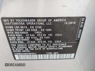 2019 Volkswagen Atlas SEL Premium with VIN 1V2NR2CA5KC507911, listed as a IAAI auction lot 41806967 with 70,618 mi miles and . Bid and sale history available at DreamBid. Image 9.