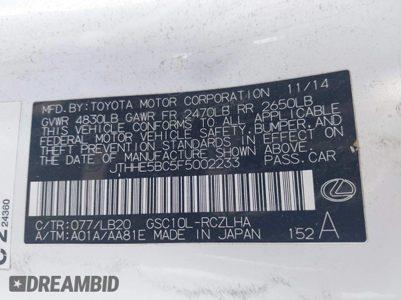 2015 Lexus RC 350 F Sport z VIN JTHHE5BC5F5002233, wystawiony jako IAAI lot #41338345 z przebiegiem 214 384 mil mil oraz . Historia ofert i sprzedaży dostępna na DreamBid. Obrazek 9.