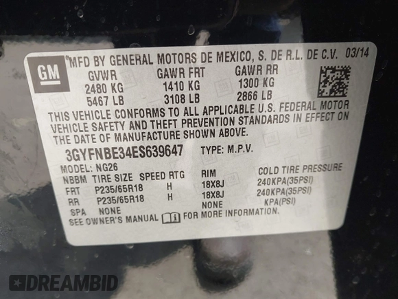 2014 Cadillac SRX Luxury Collection with VIN 3GYFNBE34ES639647, listed as a IAAI auction lot 42108140 with 99,740 mi miles and . Bid and sale history available at DreamBid. Image 9.